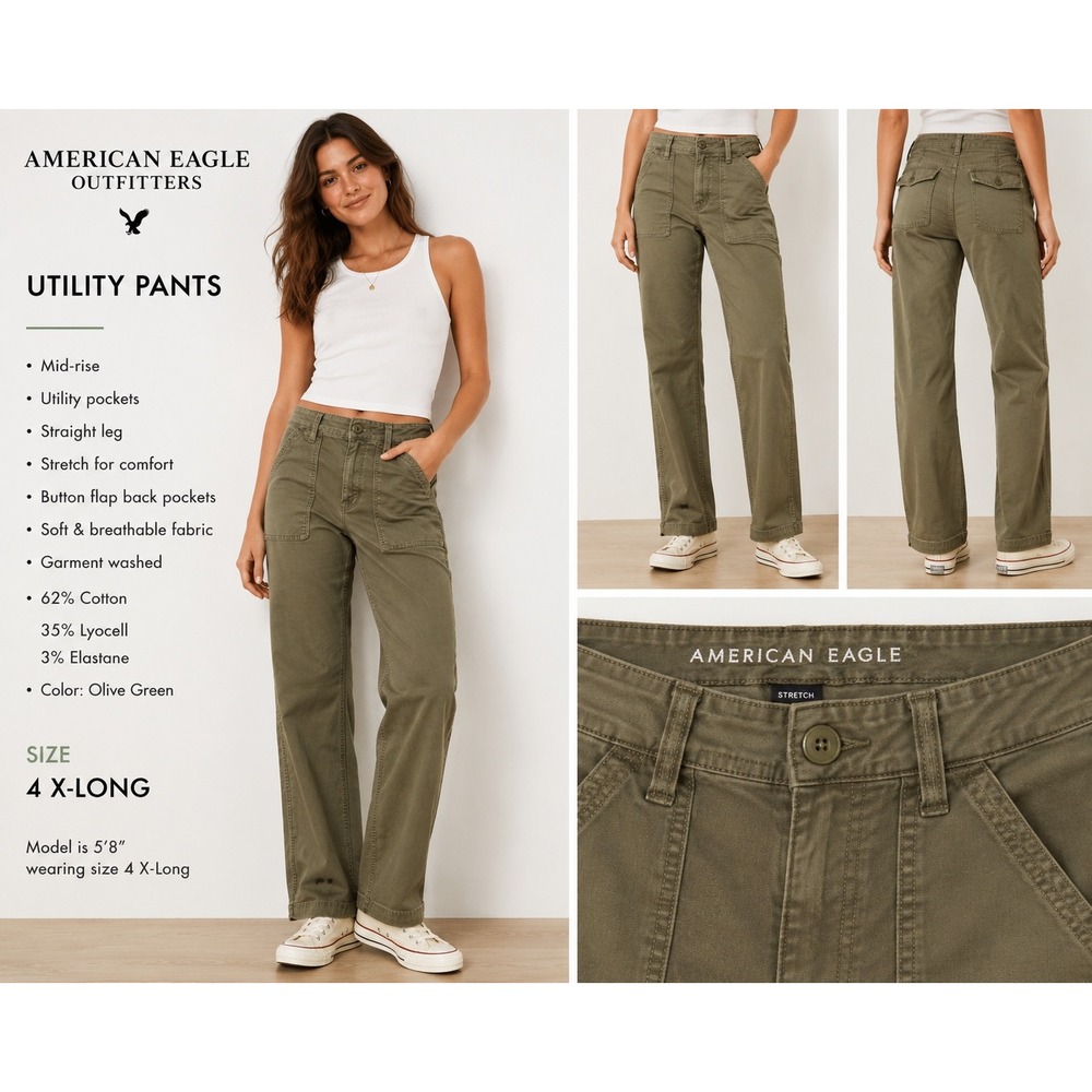 American Eagle Olive Green Utility Pants Mid-Rise Straight Leg Size 4 X-Long - Picture 1 of 12